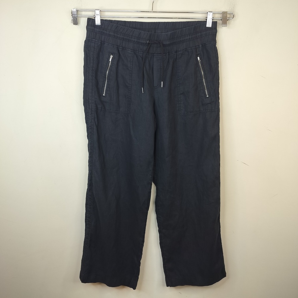Athleta Cabo Linen Wide Leg Pants 14P Zipper Pockets Casual Black